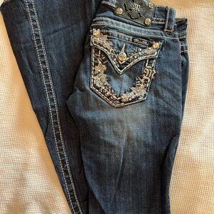 Miss Me Dark Blue Boot Cut Jeans with Embroidered & Studded Pockets
